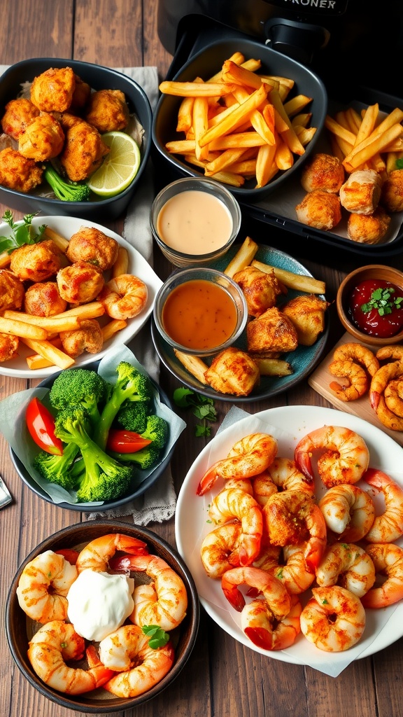 An assortment of air fryer dishes including fried chicken, fries, broccoli, and shrimp on a wooden table.